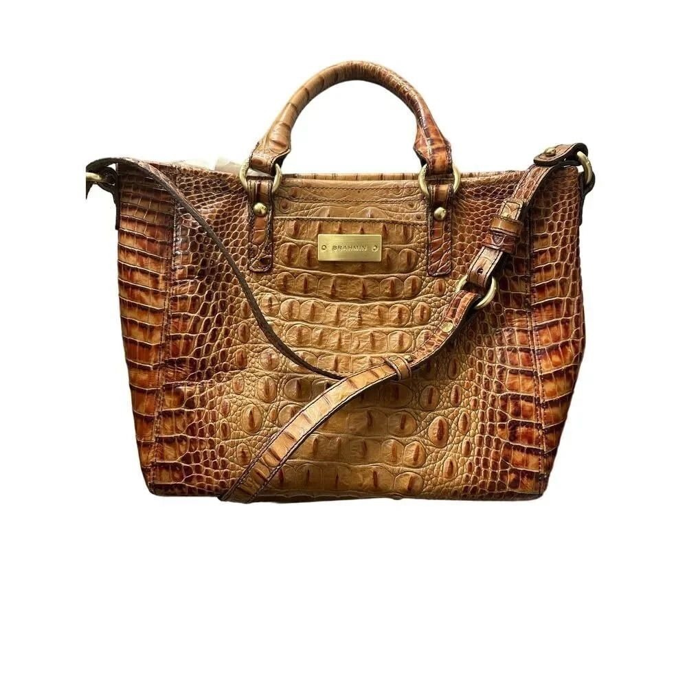 Brahmin Pecan Melbourne Croc Embossed Leather Satchel Crossbody Bag Handbag